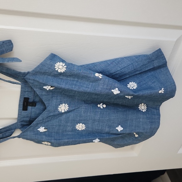 J Crew Sequin Flower Denim Beaded Tie Bows Tank Size 00 - Picture 5 of 8